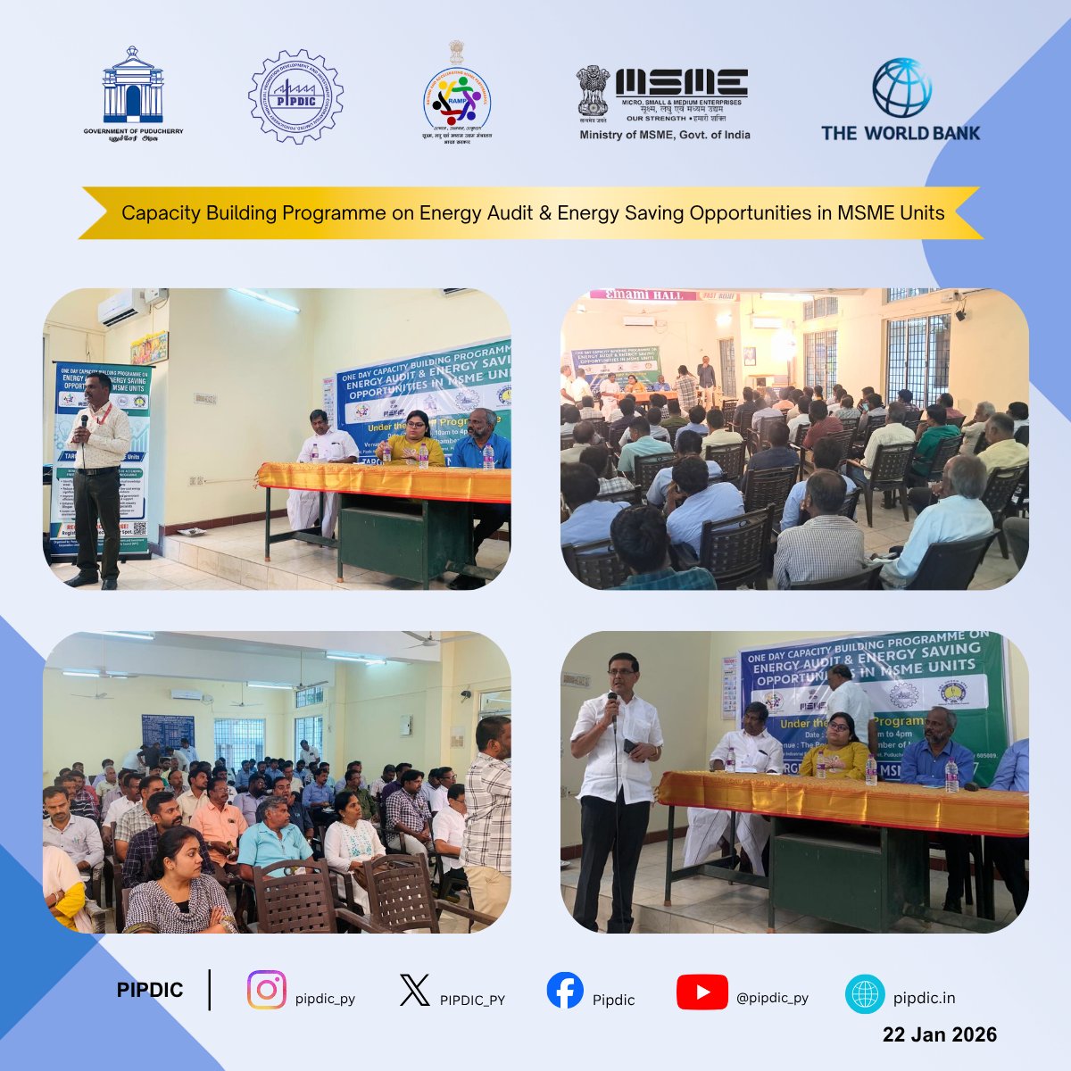 PIPDIC_PY's tweet photo. Save energy. Save costs. Stay competitive. ⚡🏭

62 MSMEs trained on Energy Audit &amp; Energy Saving at PCI Hall, Puducherry on 22 Jan 2026 under #RAMP — jointly organised by PIPDIC &amp; National Productivity Council.

Greener MSMEs. Lower bills. Stronger industry. 🌱

 #EnergyAudit https://t.co/XVurmx5UFi