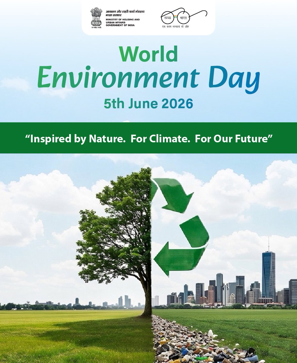 SwachhBharatGov's tweet photo. When waste is managed responsibly, resources are conserved. When cities stay clean, ecosystems thrive. When citizens embrace swachhata, the environment prospers. ♻️

This ♻️#WorldEnvironmentDay, ♻️let's build a cleaner and more sustainable nation together.

#SwachhBharat https://t.co/WXVcH4LlqK
