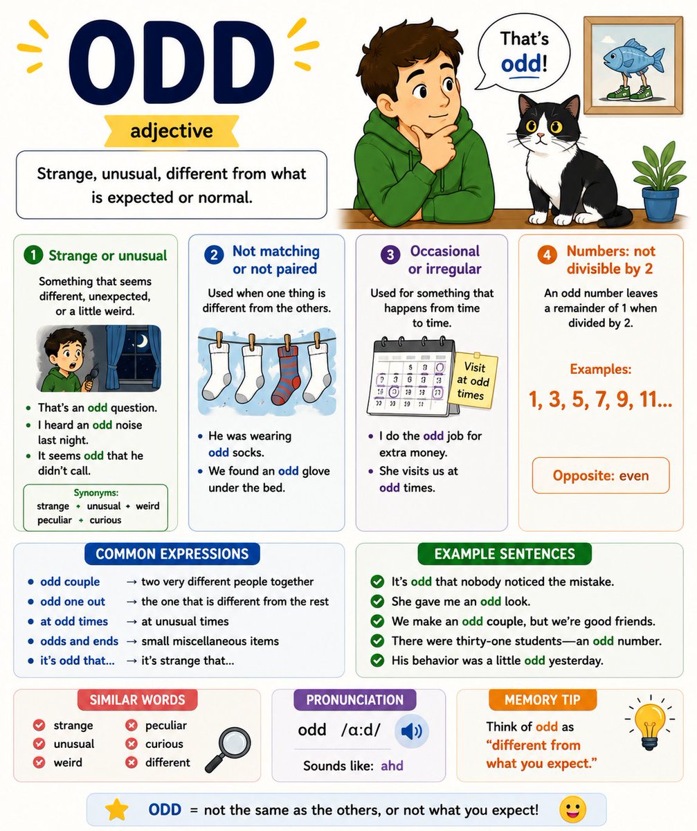Microlearningen's tweet photo. An odd couple is a pair of people who seem completely different—but somehow work perfectly together.

- They make an odd couple—she's quiet and organized, while he's loud and spontaneous.

- The cat and the dog became an odd couple.

Odd : https://t.co/zzg0D2yZBK