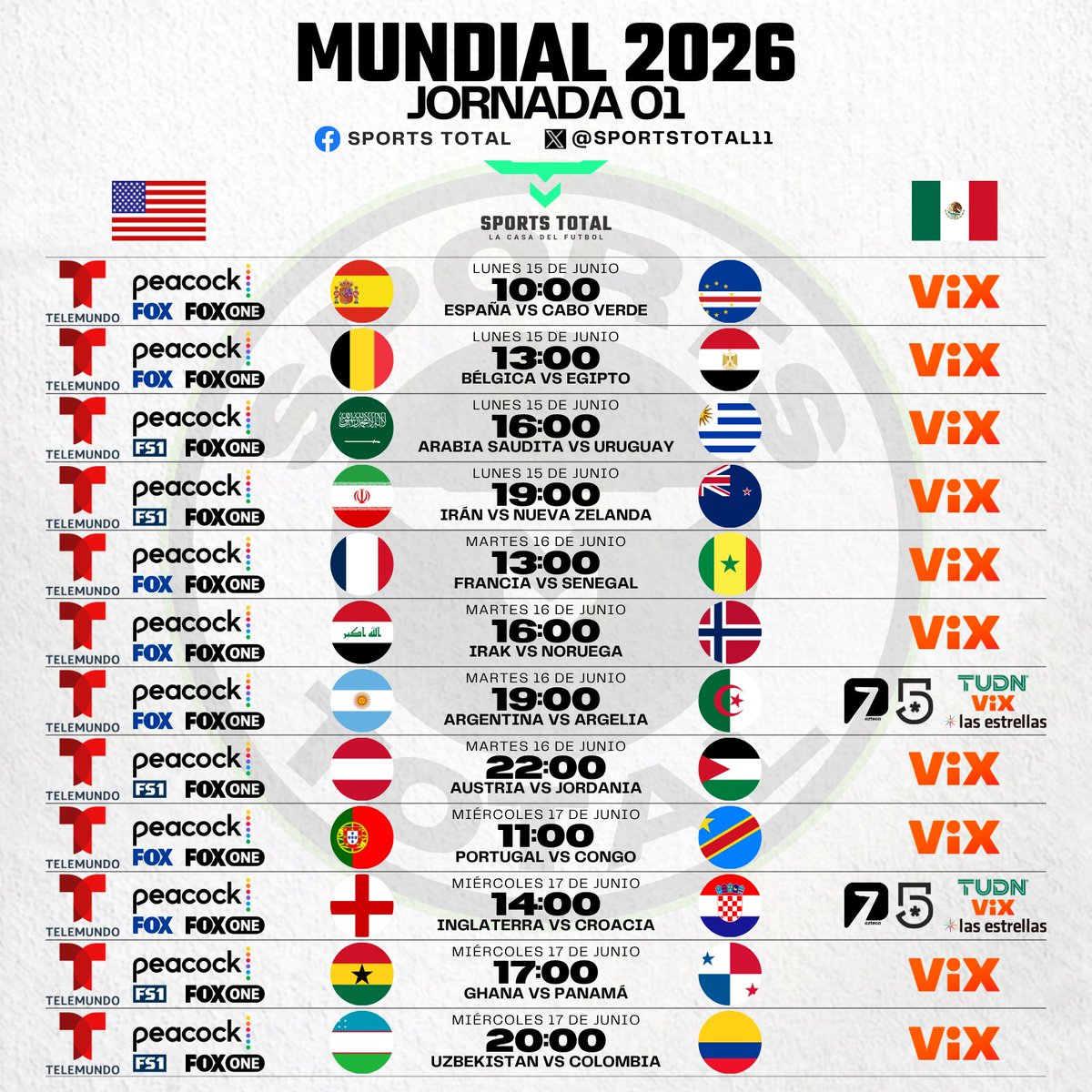 SportsTOTAL11's tweet photo. 🌎🏆 Así Se Jugará La Primera Jornada De La Fase De Grupos Del Mundial 2026 ⚽🔥
👀 ¿Cuál Partido Esperas Con Más Ganas? https://t.co/LLuT6wfxHs