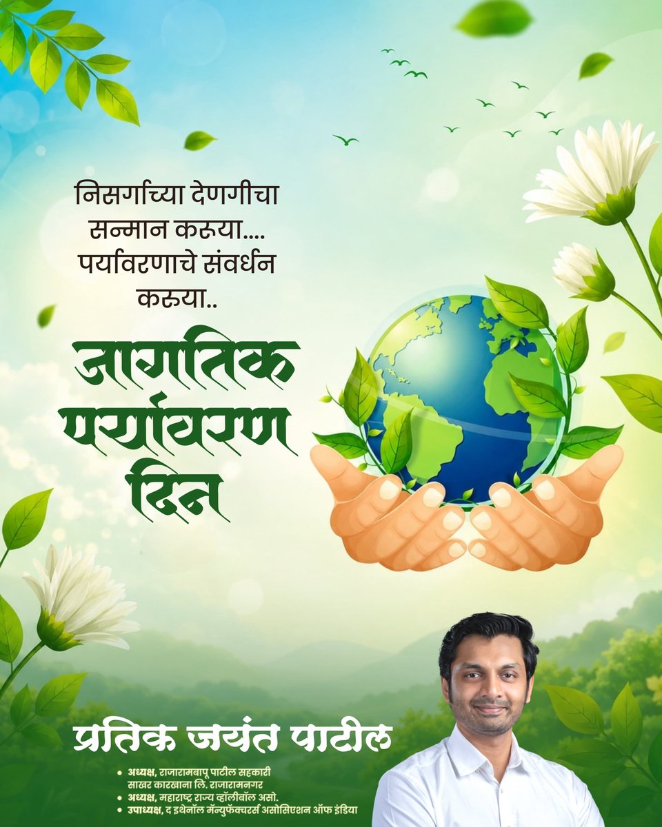 Prateek_J_Patil's tweet photo. जागतिक पर्यावरण दिनानिमित्त पर्यावरण संवर्धनाचा संकल्प करूया.

आजची हरित कृती उद्याचे सुरक्षित भविष्य घडवते. वृक्षारोपण, जलसंवर्धन आणि पर्यावरण संरक्षण यासाठी प्रत्येकाने पुढाकार घेणे ही काळाची गरज आहे.

चला, निसर्गाचे ऋण फेडण्यासाठी एक पाऊल पुढे टाकूया आणि हरित, स्वच्छ व समृद्ध भारताच्या निर्मितीत आपला सहभाग नोंदवूया.

जागतिक पर्यावरण दिनाच्या हार्दिक शुभेच्छा!

#WorldEnvironmentDay
#जागतिकपर्यावरणदिन
