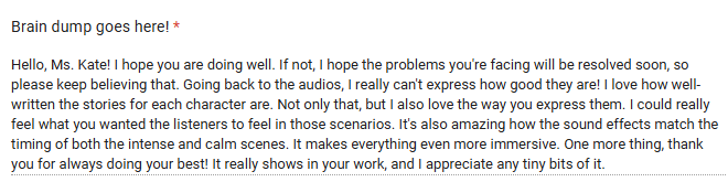 Sapphic_Kate's tweet photo. Hey guys, messages like this mean the world to me~
I have struggled so much to get any audio work done this week because I lost sight of what I am doing this for in the first place.
And that is helping fellow queer people and giving them comfort with my stories.

Thank you🖤❤️ https://t.co/bWUHnK2NAO