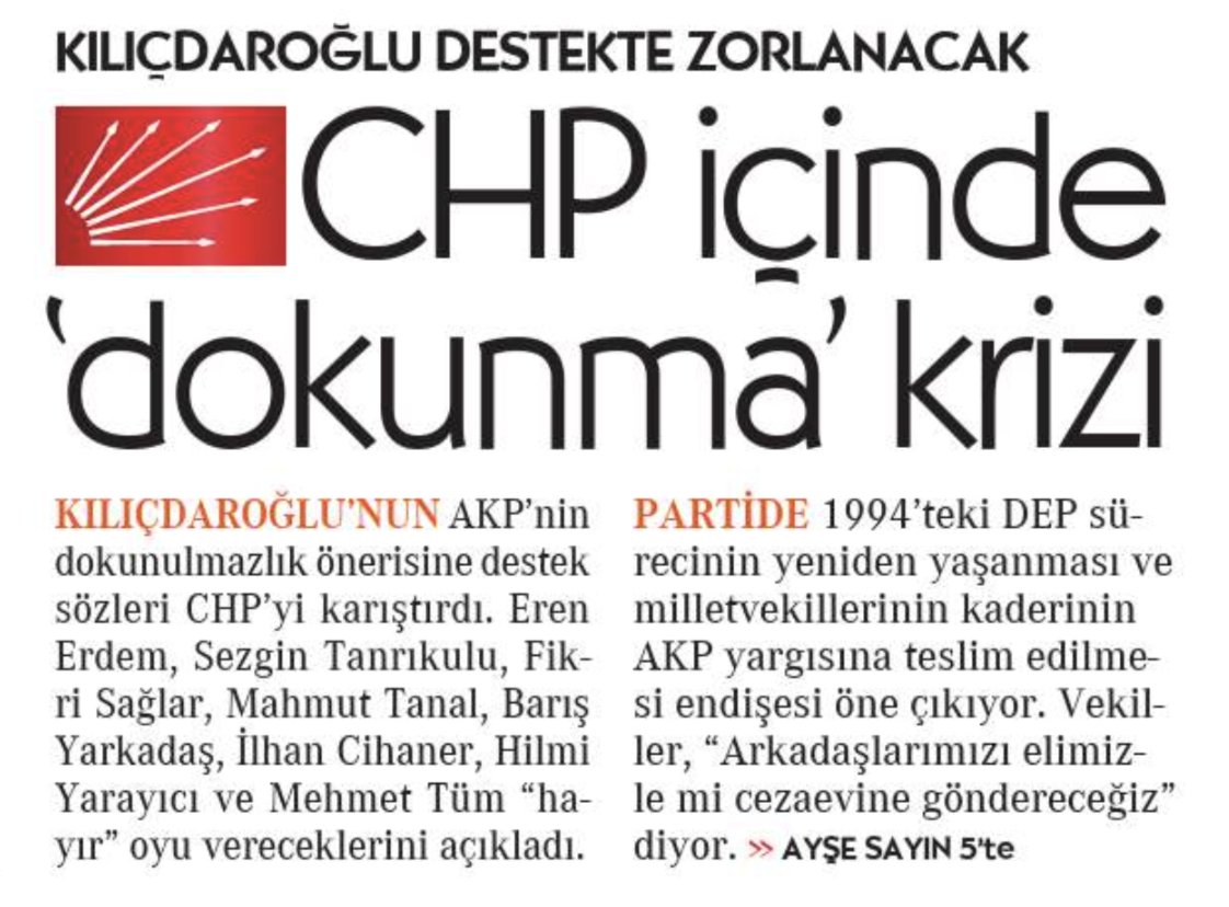 hilmihacaloglu's tweet photo. Gülsen Solaker'in hatırlattığı Selahattin Demirtaş röportajı 30 Mayıs 2016'da Cumhuriyet'te Selin Ongun imzasıyla yer aldı. Demirtaş, "Kılıçdaroğlu'nun Genelkurmay brifingi "aldığını ve fikrinin bu şekilde değiştiğini iddia ediyordu. 
Demirtaş'ın atıfta bulunduğu CHP tutumu ise nisan ayında belirginleşti. KK, Tarafsız Bölge'de evet vereceklerini söyledi ama PM'de büyük direniş oldu. Ama sonuçta KK'nın yönlendirmesiyle en az 20 vekil oy verdi. Ertesi gün Antalya'daki PM kampında, "Bu düzenlemenin iptali için AYM'ye giden vekil bağımsız kalır" diyerek ihraç kartını çekti.