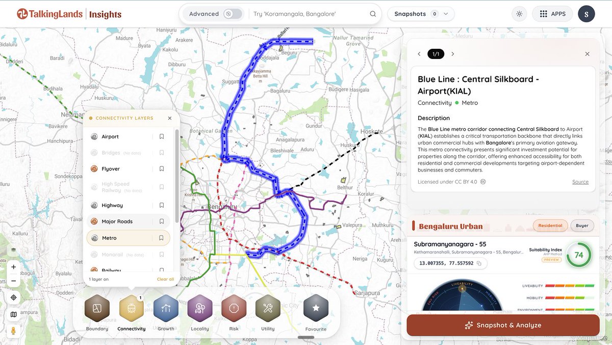 TalkingLands's tweet photo. The Blue Line just got its first train set. 🚇

This corridor is the one infra move that ties together South Bengaluru's IT spine with KIAL & every land parcel along it is repricing in real time.

Want to know if a property you're eyeing actually benefits?

👉 Pull it up on Talkinglands Insights → toggle the layers, see connectivity , suitability, growth potential and risk all in one view for your individual property.

Don't buy on hype. Buy on data. Get your property report on Insights.

https://t.co/NHacyjtN8h

#BlueLine #BengaluruMetro #BangaloreRealEstate #TalkingLands