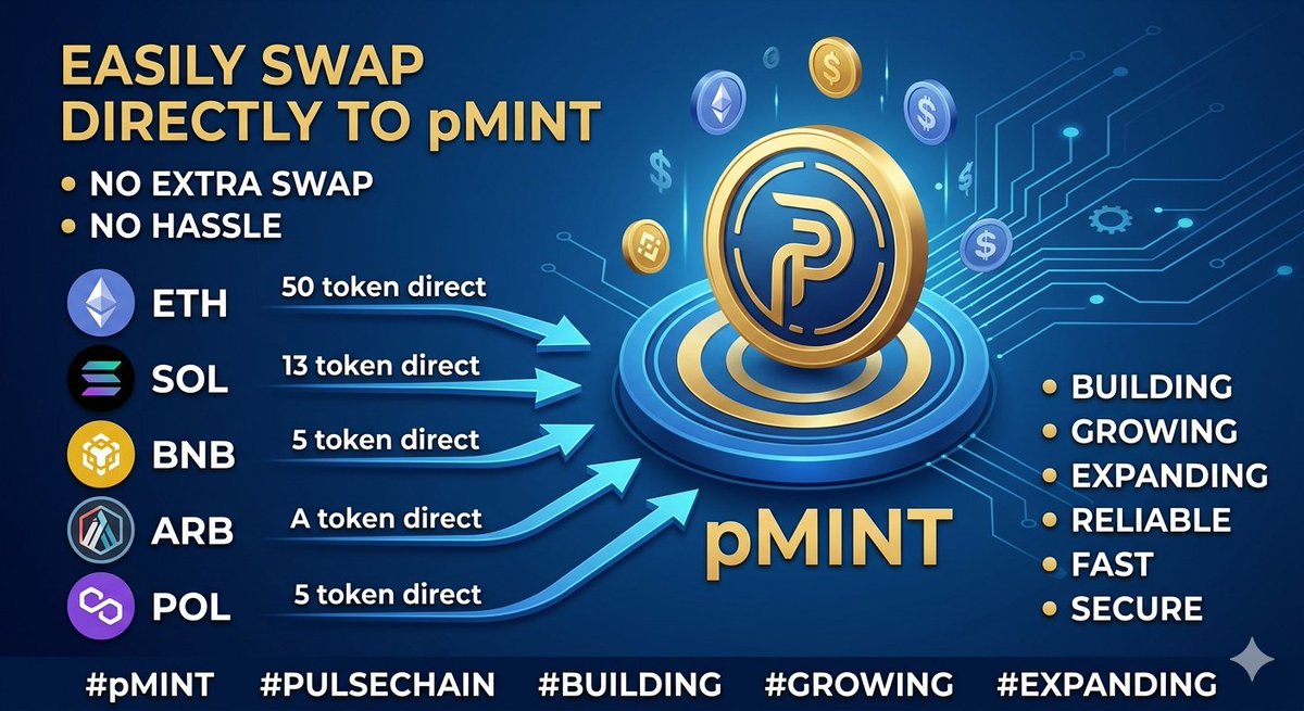Pulse_traderz's tweet photo. Skip the hassle. Go straight to $pMINT. 💎

Swap directly using:
👉 ETH • SOL • BNB • ARB • POL

No extra steps. No unnecessary swaps. Just seamless bridging. 🔥

We are building. We are growing. We are expanding. 🌐

#pMINT #PulseChain @pm https://t.co/cIhNwMnWzP