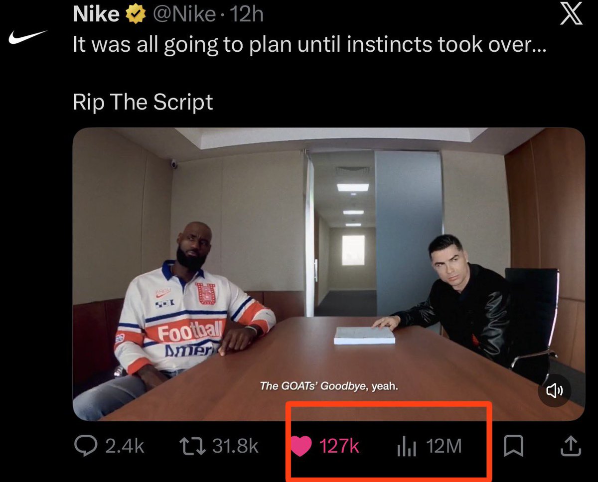 arielipillo's tweet photo. El Comercial de Nike en 12 horas tienes
126k Likes y 12 Millones de views con Cristiano x LeBron y los demás

El Comercial de Adidas en 1 mes tiene 65k Likes y 8 millones de views con
Messi x Bad Bunny 😭😭

Elige a tu Team sabiamente 🐐 x 🐐 https://t.co/LvmSTklhWM