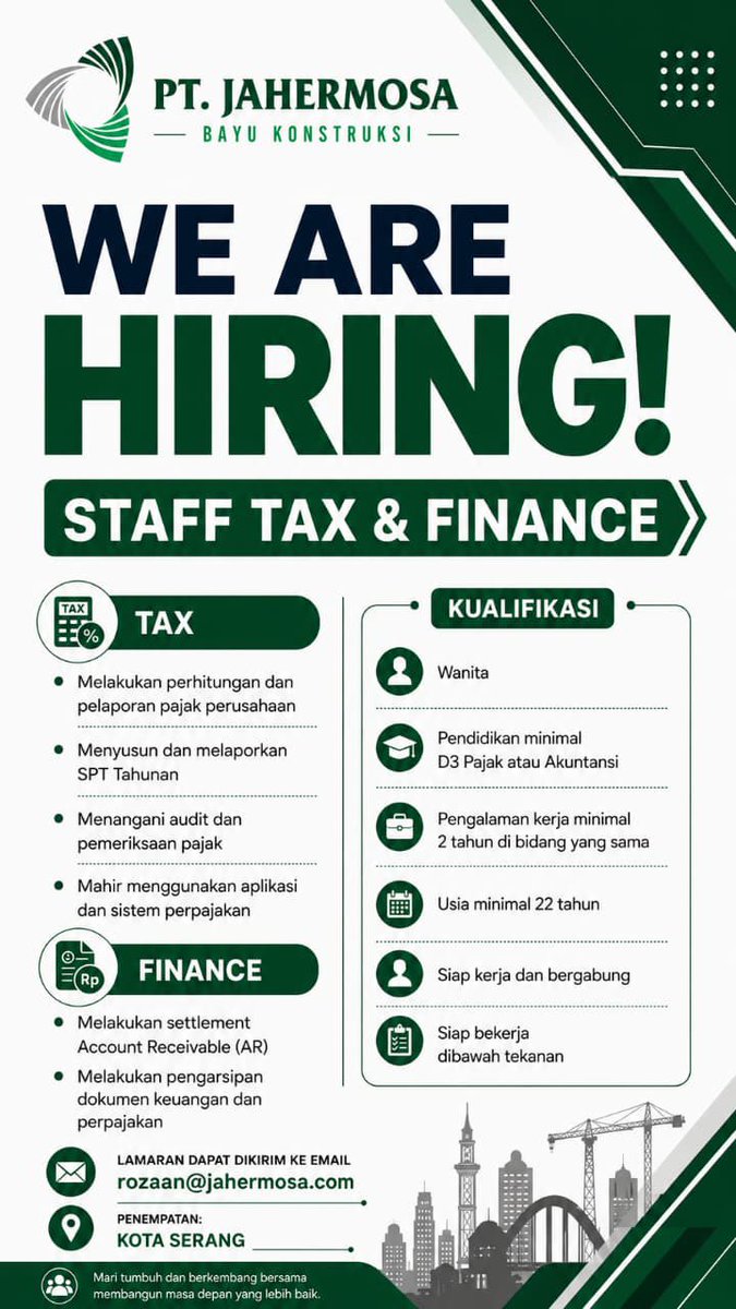 jiunnesia's tweet photo. Hello warga X👋🏻

Saat ini perusahaan tempat aku kerja sedang buka loker untuk posisi Finance &amp; Tax Staff

Dibantu share ke teman teman terdekat atau saudara kalian ya guys😁🙏🏻 https://t.co/RpbZuRhH6T