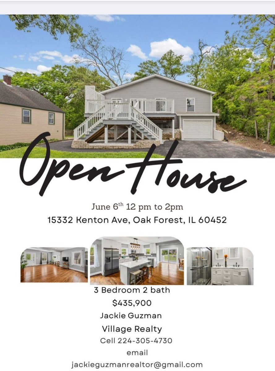 JGuzman74648's tweet photo. Open House – Saturday, June 6 |   12 PM–2 PM
📍 15332 Kenton Ave, Oak Forest, IL 60452
✨ 3 Bedrooms | 2 Bathrooms
💲 $435,900
Come tour this beautiful home and see all it has to offer!
📞 Jackie Guzman, Village Realty
224-305-4730
#OpenHouse #OakForestIL #HomeForSale https://t.co/4Gzlcr8XKs