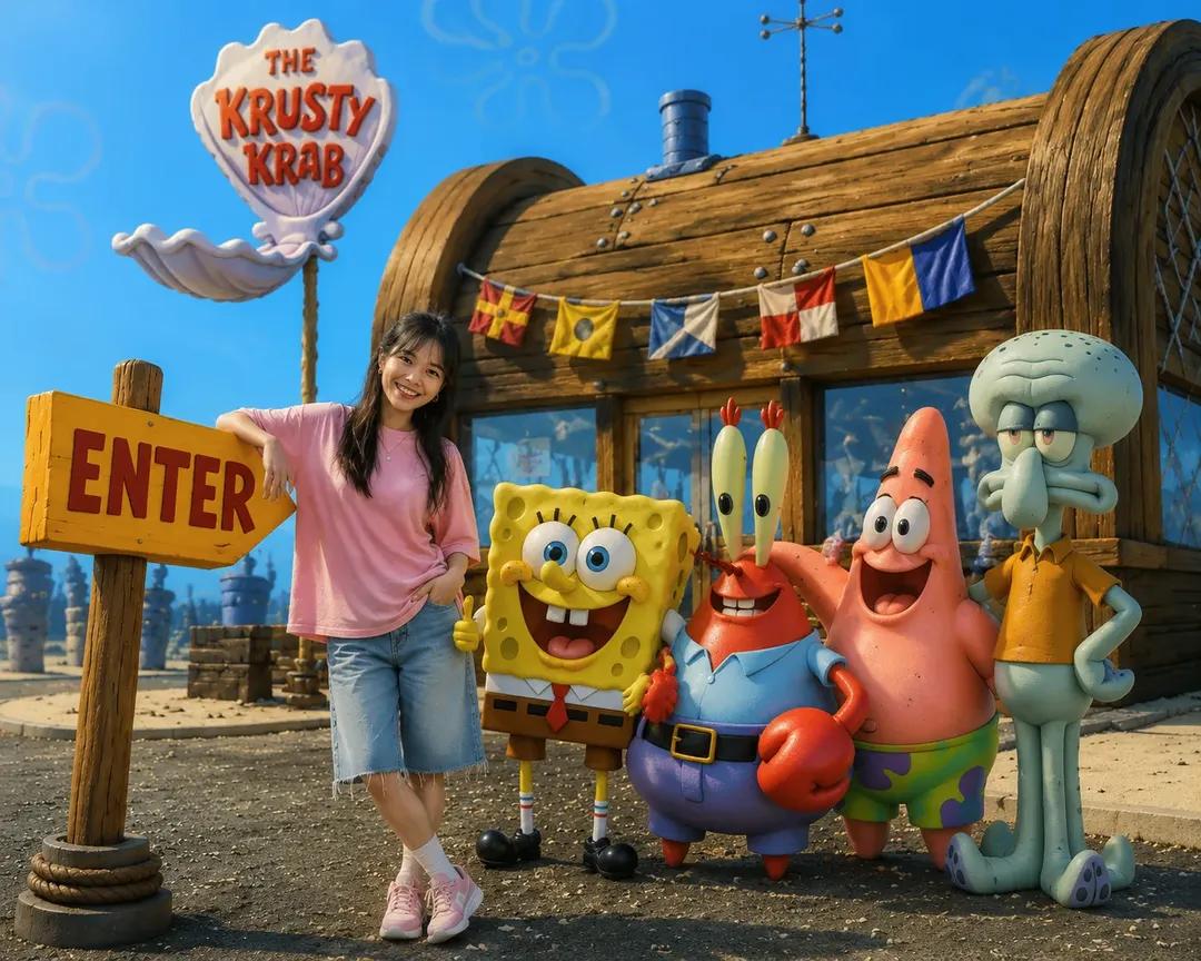 Kashberg_0's tweet photo. GPT IMAGE 2 on ChatGPT

Prompt:
A realistic 3D live-action style photo of a cheerful young Asian woman with long dark hair, wearing a pink t-shirt, denim shorts, and pink sneakers. She is leaning on a wooden "ENTER" arrow sign, smiling warmly. Next to her, standing in a row, are highly detailed 3D claymation-style characters from SpongeBob SquarePants: a joyful SpongeBob, Mr.Krabs in his blue shirt, a laughing Patrick Star, and a grumpy Squidward Tentacles. The background features the iconic Krusty Krab restaurant with its wooden barrel shape, nautical flags, and "The Krusty Krab" shell sign under a clear blue underwater sky with flower clouds. Cinematic lighting, photorealistic textures, 8k resolution, whimsical and fun atmosphere. --ar 4:3p