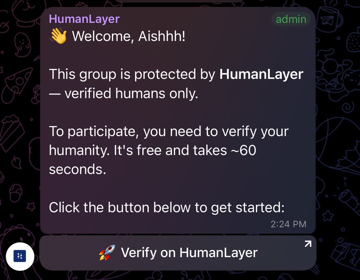 HumanLayerlabs's tweet photo. 🚀 Verify once. Carry it everywhere.

HumanLayer gives you a portable proof of humanity that works across platforms.

Join a Telegram group.
Access a Discord server.
Claim an airdrop.
Vote in governance.

No repeated verification.
No KYC.
No biometrics.

Verify once. Carry your reputation everywhere.

Public release coming soon. 👀

Built on Base. ⚡️

#HumanLayer #Base #Web3 #Identity #ProofOfHumanity