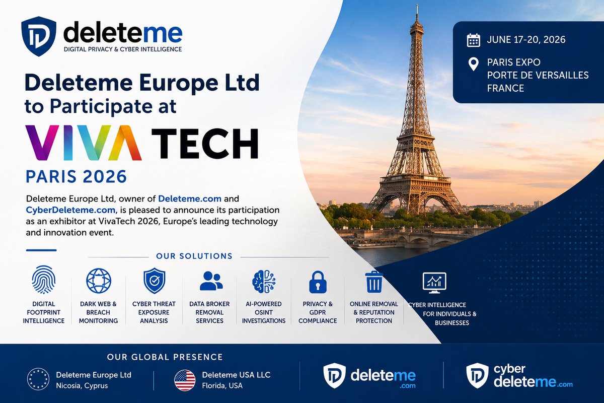 deletemeco's tweet photo. https://t.co/8kdrAkB7Tl and https://t.co/qlPicGWQ1y, is excited to exhibit at VivaTech 2026 in Paris!

Pavilion 7 | Booth 3J40-003

Discover our latest solutions in:
 Digital Footprint Intelligence
 Dark Web Monitoring
 Data Broker Removal
 AI-Powered OSINT
 Cyber Threat Exposure Analysis

Meet our team and explore the future of privacy, cyber intelligence, and online reputation protection.