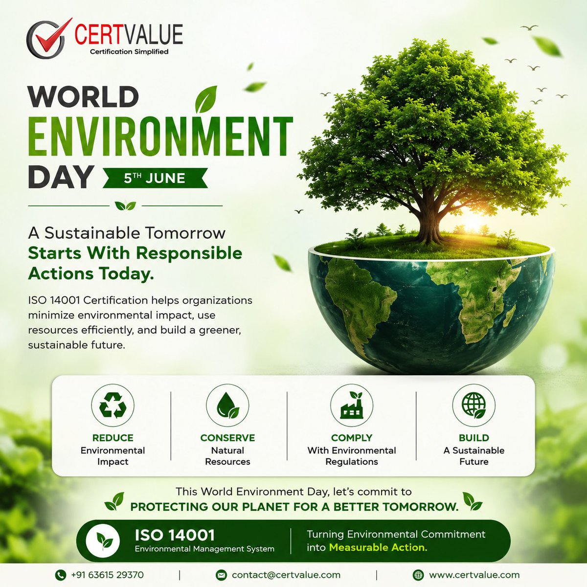 Cert_value's tweet photo. This World Environment Day, take a step towards sustainability with ISO 14001 Certification. 
Reduce environmental impact, improve efficiency, and build a greener future for your business.
 ▶ +91 63615 29370  |  contact@certvalue.com
#worldenvironmentday #iso14001 #certvalue https://t.co/xwrICDI7T8