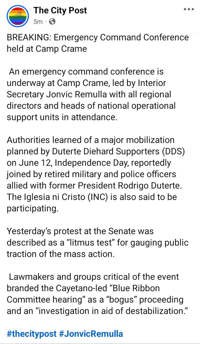 DeusXMachina14's tweet photo. Hmmm...Emergency Command Conference at Camp Crame at the moment. Major mobilization by Pro Duterte forces in June 12? With INC participation....exciting times 🙂
📷The City Post https://t.co/5ih871ePpl