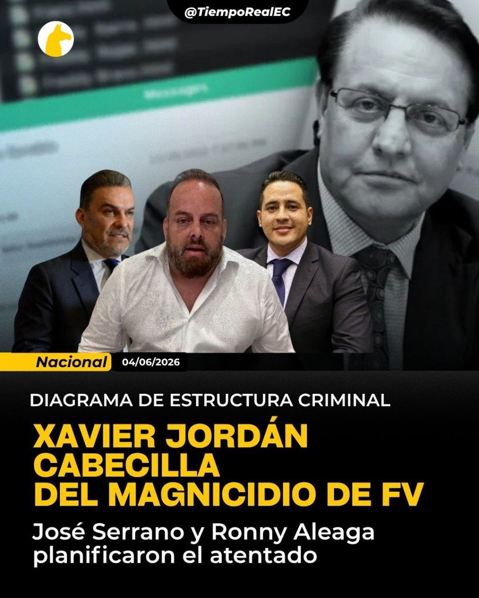 TiempoRealEC's tweet photo. 🆘.#ALERTA// Revelan la estructura criminal del magnicidio de Fernando Villavicencio

📍La Unidad Nacional de Investigación de la Policía (UNIF) @PoliciaEcuador elaboró un diagrama completo de la estructura criminal que planificó y ejecutó el asesinato del excandidato presidencial Fernando Villavicencio, ocurrido el 9 de agosto de 2023 en Quito.

📍Esta información forma parte del expediente fiscal del caso Magnicidio FV, cuya audiencia de evaluación y preparatoria de juicio se instala este viernes. 

🛑 La estructura criminal según el informe policial: Nivel superior (Control desde el exterior)  Xavier Jordán Mendoza – Dirigía la operación desde Miami, Estados Unidos.

 🛑 Nivel 2 – Planificación  José Serrano Salgado – Exministro del correísmo.  
Ronny Aleaga Santos, alias "Ruso" – Exasambleísta de Revolución Ciudadana @RC5Oficial. 

🛑 Nivel 3 – Coordinación con Los Lobos  Wilmer Chavarría Barré, alias "Pipo"  
Ángel Aguilar Morales, alias "Lobo Menor"  
Luis Arboleda Andrade, alias "Gordo Lucho".

🔥 Enlace con Los Lobos: Daniel Salcedo Bonilla.   
🔥 Carlos Angulo Lara, alias "Invisible".

 🫆Nivel Logístico  Laura Castillo y Johan Castillo – Lideraban un grupo de 10 personas (informantes y sicarios).
De estos 10, siete fueron detenidos y posteriormente asesinados dentro de la Penitenciaría del Litoral, dos meses después del magnicidio.

🛑 Además, el informe obliga a investigar a otras personas vinculadas, entre ellas Verónica Sarauz de Proaño. Los chats periciados muestran que intercambió estrategias jurídicas, mediáticas e intimidatorias con María Paula Christiansen, e incluso compartió información sensible de las víctimas, como la ubicación de la casa de las hijas y familiares de Villavicencio.

✍️ Este viernes la audiencia definirá el rumbo del caso más grave de la historia reciente de Ecuador.

✳️ #MagnicidioFV #CasoVillavicencio #EstructuraCriminal #JusticiaParaFernando #SinImpunidad #Ecuador2026 #TiempoRealEC #VivimosHistorias