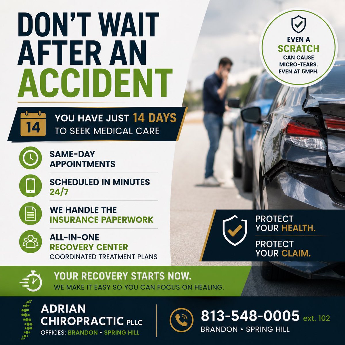 AdrianChiroPLLC's tweet photo. 🚗 Been in an accident? Don't wait.

Florida accident victims generally have just 14 days from the date of the crash to seek medical treatment and preserve eligibility for certain insurance benefits.

Even a minor "bumper tap" can cause injuries you may not feel right away. https://t.co/DTrg8x3bsJ