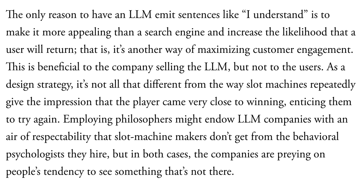 nick_kapur's tweet photo. Compelling essay by sci-fi writer Ted Chiang on why LLMs are nowhere near consciousness, but why it serves the interests of LLM companies to constantly suggest that they might be.

I've pulled one quote below, but the whole article is worth reading. https://t.co/ffF0GoRLKi
