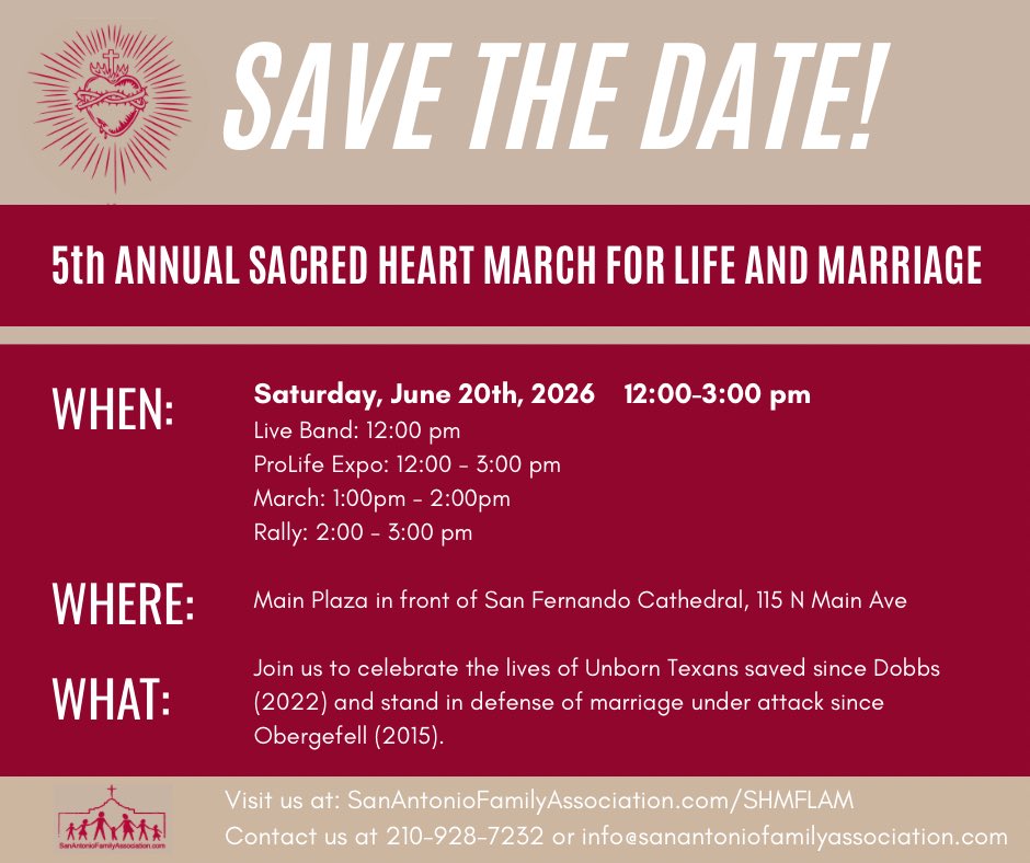 SHMFLAM's tweet photo. Sacred Heart
March For Life And Marriage
(5th Annual)

SATURDAY, June 20, 2026

Main Plaza
115 Main Plaza, SAT

12-3:30 pm

https://t.co/uW5AZxqNVd

REJECT PRIDE THAT ENSLAVES
Humility Liberates

The love between a mom and a dad welds society together. https://t.co/SwPPzckhEH