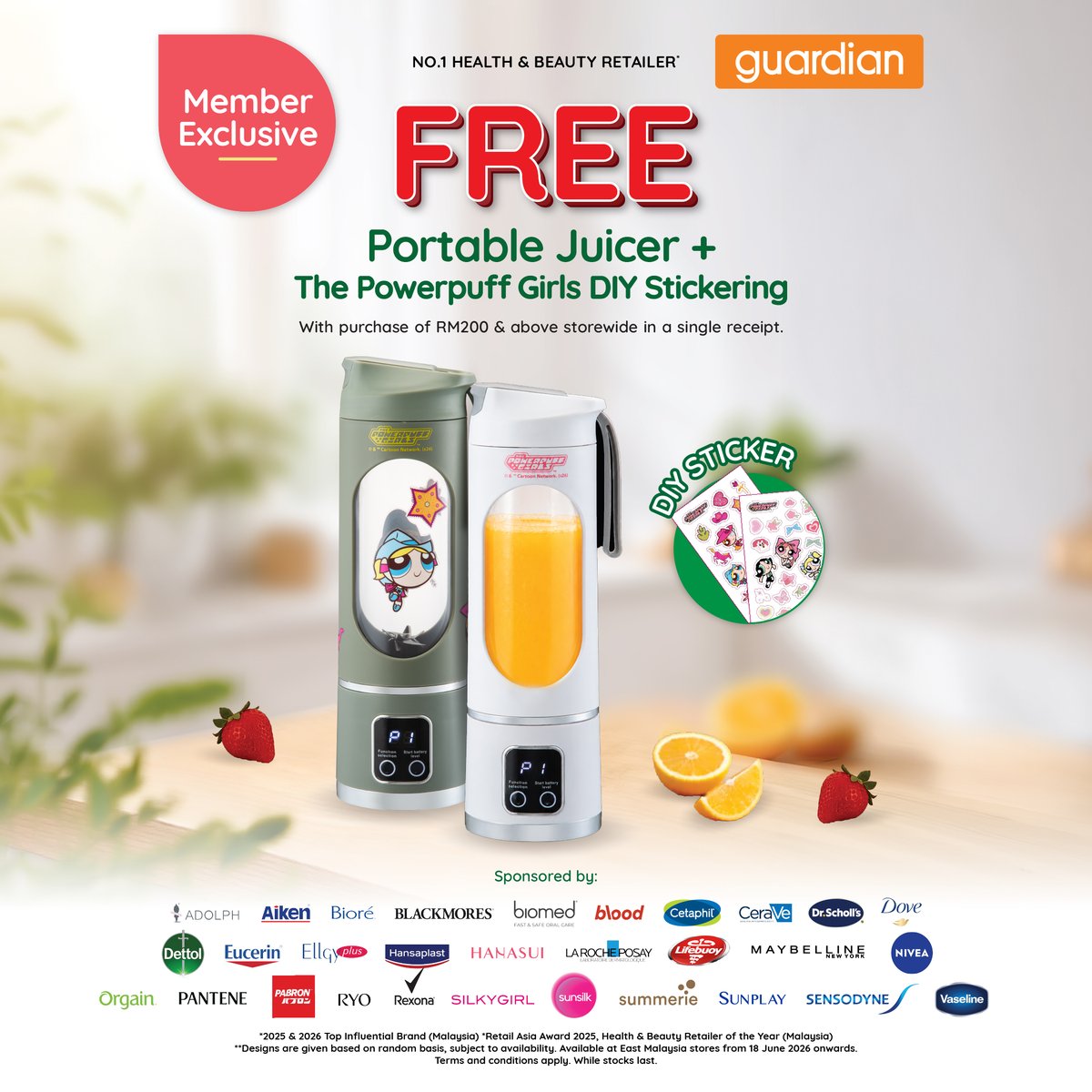 GuardianMYS's tweet photo. ✨ Member Exclusive: FREE Portable Juicer! | 3 - 30 June 2026 🧃
Get a FREE Portable Juicer + The Powerpuff Girls DIY Stickering with purchase of RM200 &amp; above storewide in a single receipt. Shop now with guardian: https://t.co/UBwAsDp9lF https://t.co/cYP3MSz717