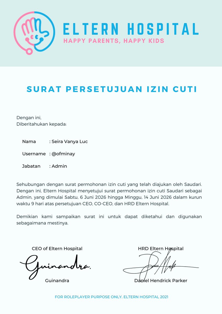 ElternOpis's tweet photo. ㅤㅤ

📩

To : Seira Vanya Luc (@ofminay)
From : Eltern Hospital Office
CC : Guinandra (@inyouf)
Elaine Danastri (@yourqkitten)
Daniel Hendrick Parker (@pxastri)
Subject : Surat Persetujuan Izin Cuti

ㅤㅤ https://t.co/jVvdpBzGz4