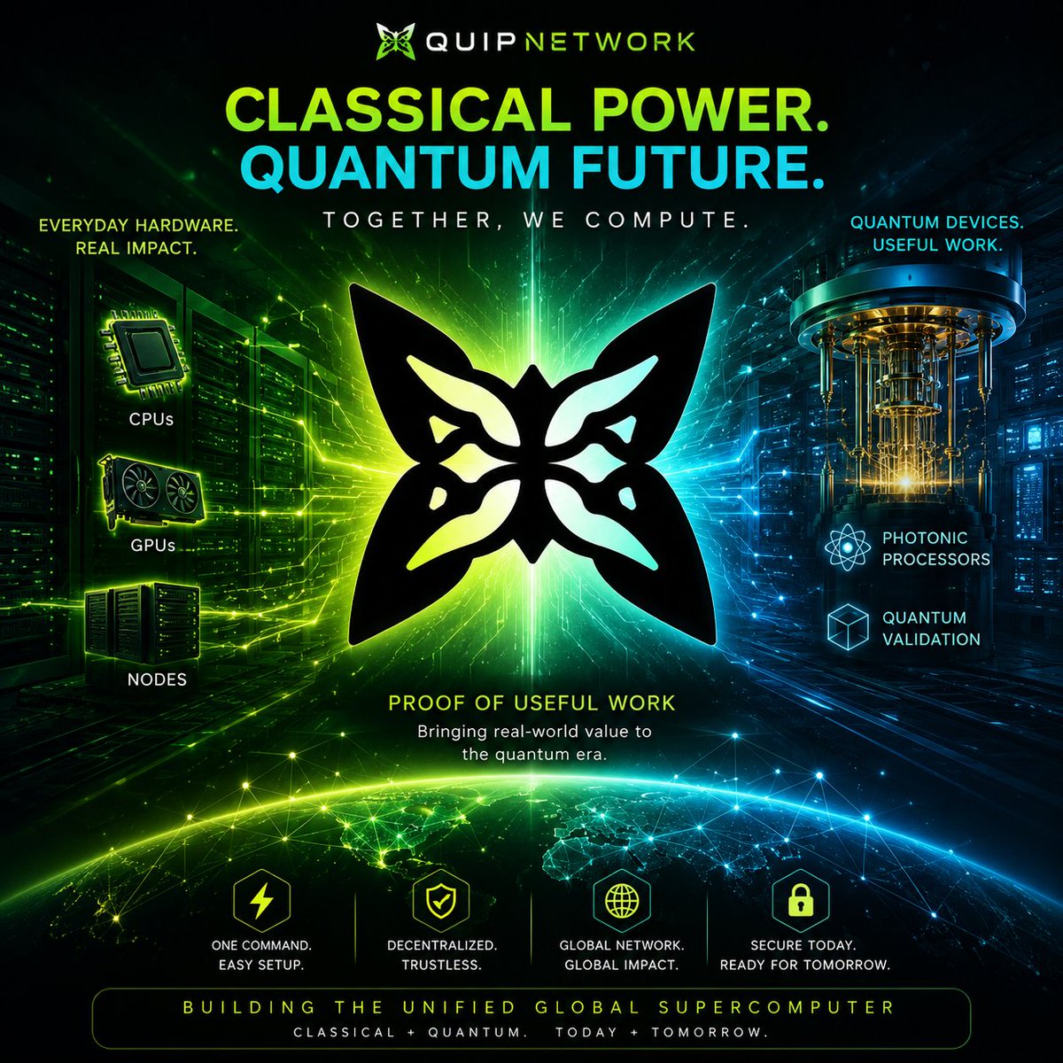 RBasit786's tweet photo. @quipnetwork 
Everyone talks about quantum computing as a future threat to crypto.

@quipnetwork is turning it into an opportunity.

Their new 1-command Node Manager enables everyday CPUs and GPUs to participate in validating real quantum devices, bringing Proof of Useful Work into practical, real-world applications.

What stands out is the hybrid approach.

Instead of replacing classical hardware, Quip combines it with next-generation photonic quantum processors, creating a system where both work together to solve meaningful computational problems.

This isn't just about running a node.

It's about contributing to a network that could evolve into a decentralized global supercomputer.

As the industry prepares for the quantum era, projects building bridges between today's infrastructure and tomorrow's technology will matter most.

Quip isn't waiting for the future to arrive.

They're building it.

⚡ Quantum-ready
⚡ Useful computation
⚡ Real-world impact
The question is simple:
Will you watch the quantum revolution happen, or help power it?
#QuipNetwork #QuantumComputing #DePIN #Blockchain #Crypto