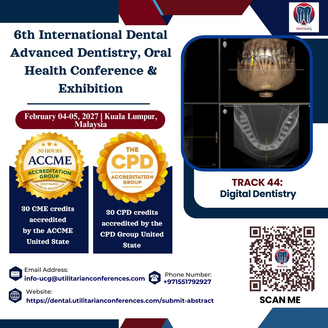 drhina35407's tweet photo. #CallforAbstracts – Track 44: #DigitalDentistry 6th #InternationalDentalConference #AdvancedDentistry #OralHealthExhibition Malaysia, Feb 04–05, 2027

https://t.co/Tcm1ln3m1O

#DigitalDentistry #DentalTechnology #CADCAMDentistry #DentalInnovation #Dentistry #3DPrintingDentistry https://t.co/WqVDFuo9uj