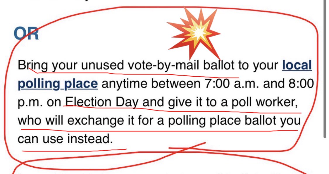 Tiffs_Notes's tweet photo. Bring your unused vote-by-mail ballot to your local polling_place anytime between 7:00 a.m. and 8:00 p.m. on Election Day and give it to a poll worker, who will exchange it for a polling place ballot you can use instead.

A provisional ballot is ONLY if you go to a polling station WITHOUT a ballot.