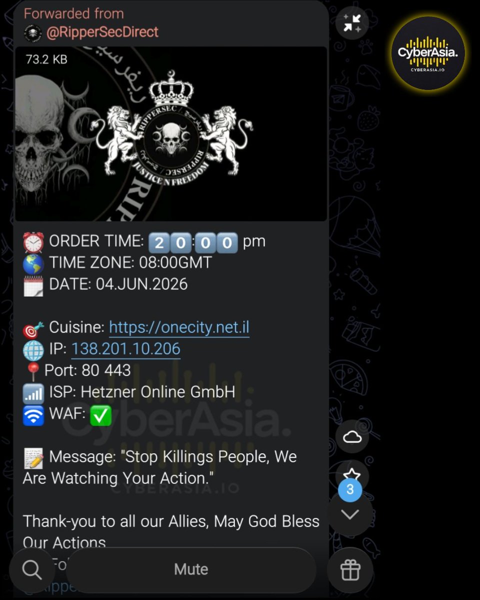 cyberasia_io's tweet photo. 🚨 Israel Alert 🇮🇱
Pro-Palestinian hacker group #RipperSec & #TheComrade's group has announced plans to launch a #cyberattack against https://t.co/ktUskRDyRx, a website based in #Israel
#Cybersecurity #DDoSAttack #IsraelUnderAttack https://t.co/8Vy4NB3XFj