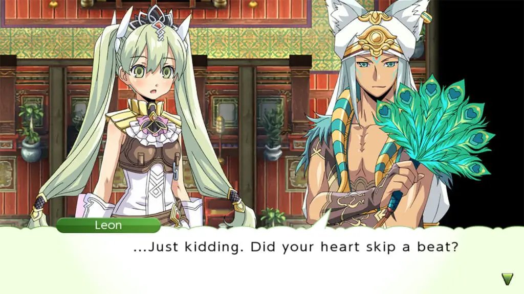 Shweebe's tweet photo. Why yes it did Leon. It skips every time! This man is such a friggin' tease and bully and just can't not love his character design. 😂One of those types that has me kicking my feet like all giddy like. lol 
#runefactory4 https://t.co/GgX17Ut13I