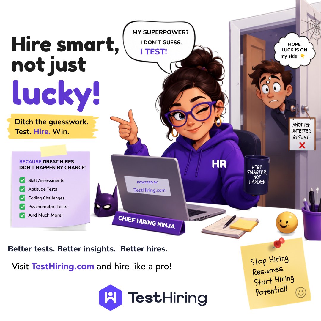 TestHiring's tweet photo. Hiring shouldn’t feel like guessing in the dark 😅
Stop relying on resumes alone and start testing real skills that actually matter.

Test smarter. Hire better. Win every time.
👉 https://t.co/2N04moqyLi

#Hiring #Recruitment #HRTech #TestHiring
#SmartHiring https://t.co/wnrHfh7JLd