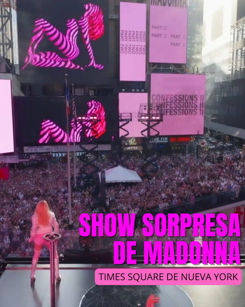 STARPROMX's tweet photo. Esta tarde @madonna tomó el Times Square de Nueva York para promocionar su disco “Confessions 2” 🪩 el show sorpresa  fue anunciado unas horas antes a través de la aplicación de citas gay @grindr dando un banderazo a los festejos del mes del orgullo 🏳️‍🌈 

#madonna #confessions2 https://t.co/NSZoEa55QA