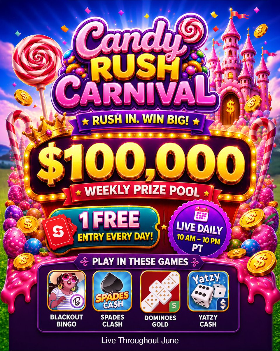 skillz's tweet photo. 🍭🎪 Candy Rush Carnival is here! 🎪🍭

Rush in and play your favorite game for a chance at a $100,000 weekly prize pool! 💰✨

🎟️ 1 FREE entry every day
⏰ Live daily | 10 AM - 10 PM PT
🎮 Play your favorite game

Join our community for more events: https://t.co/svaAVKenZj https://t.co/fGImvZf63R