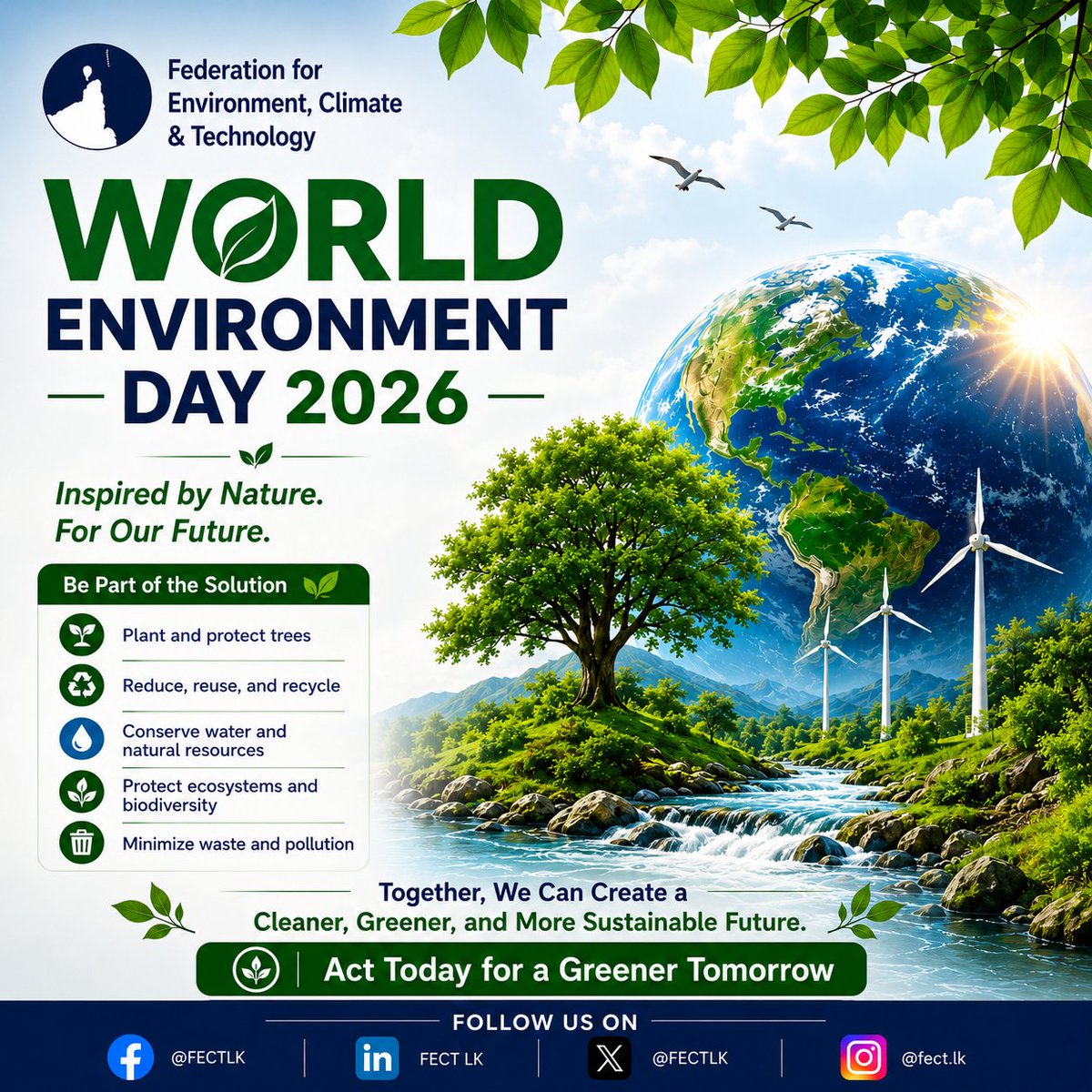 Cleanairlk's tweet photo. 🌍 World Environment Day 2026

Follow us for weather, air quality &amp; climate updates. Together, let's build a greener future. ��
#WorldEnvironmentDay #ClimateAction #AirQuality #SriLanka #FECTLK https://t.co/JDaXQQyBvJ