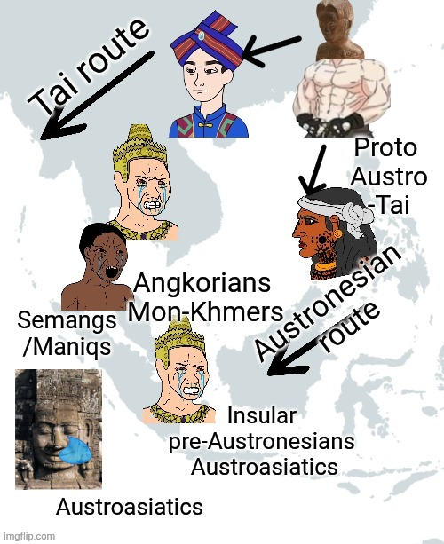 SPRequiem1's tweet photo. @sagimiya_ The most common theory is that Kra-Dai and Austronesian had a common ancestor living in southern China. While the Austroasiatic are the natives of Indochina https://t.co/AdBQXZFvZY
