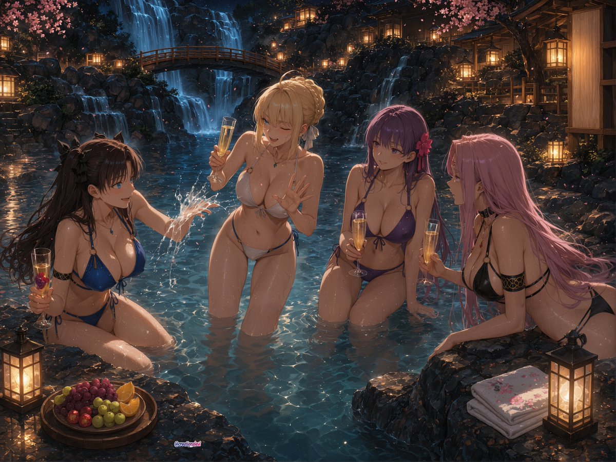 CreationsLevi's tweet photo. Fate onsen!  
Rin, Saber, Sakura, Rider. https://t.co/ELsJBNf0s5