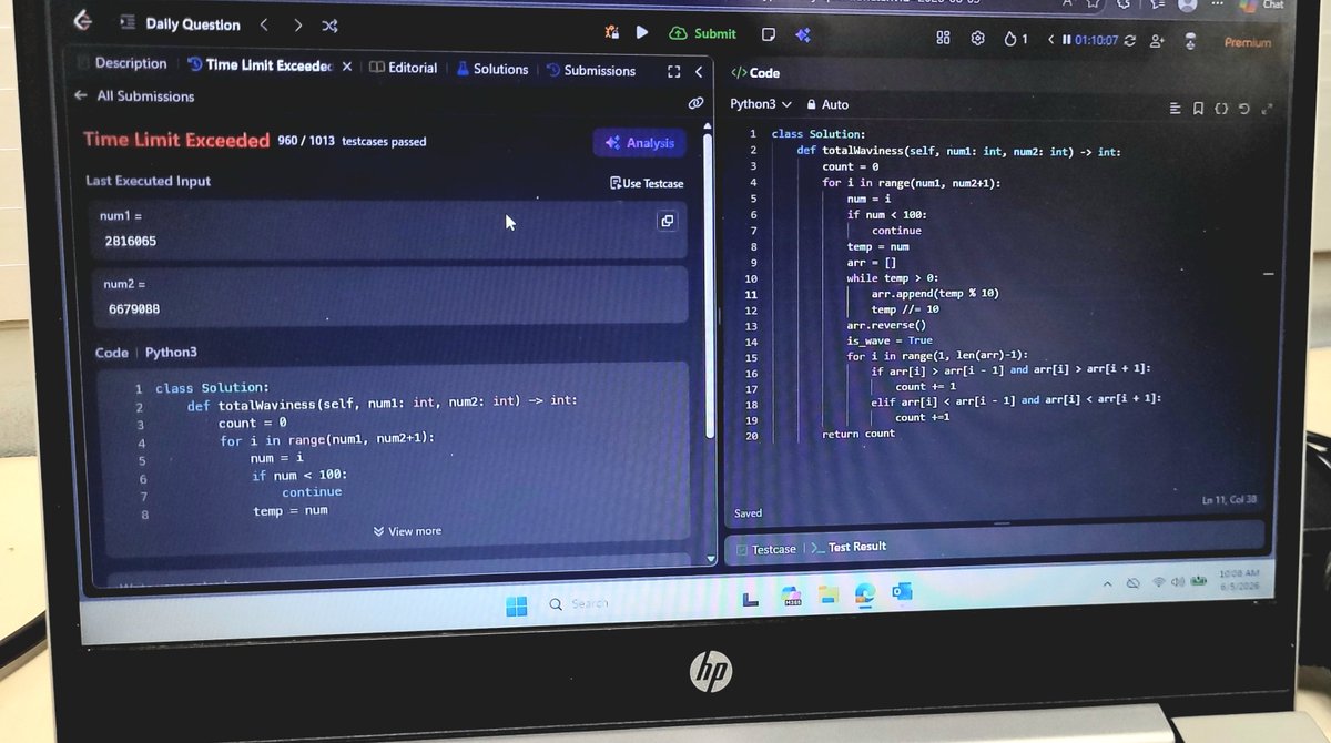 imNeural's tweet photo. was solving potd, made the brute force approach but got TLE and the optimized approach uses DP which i haven't learned yet. leaving this one as attempted till i learn DP. 

were you able to do this one? https://t.co/uGfbc8nhWi