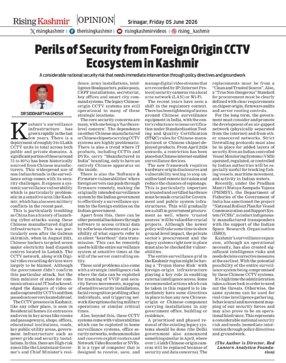 RLAnalytica's tweet photo. Kashmir’s foreign-origin CCTV systems are a security vulnerability. Legacy #Chinese CCTVs near sensitive zones can leak data, map movement &amp; give intelligence access to enemies.
They must be replaced with Indian systems.

(by Dr. Siddhartha, Director, RLA)
https://t.co/320j8PuYH9 https://t.co/2GrYD4GHyH