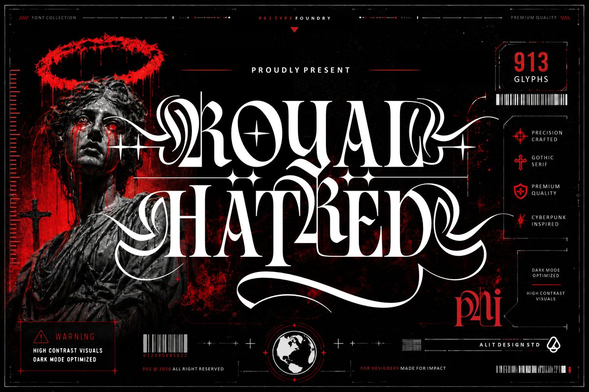 alitdesign's tweet photo. Royal Hatred – Dark Fantasy Gothic Serif
In the shadow of the crown, hatred becomes legacy and power becomes a curse. a meticulously crafted gothic serif typeface born from the aesthetic of dark fantasy.

Link Download :
https://t.co/wtEexyjFG8

#font #typeface #design https://t.co/QT4BadOLRX