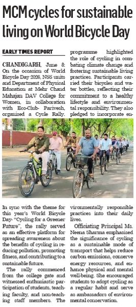 MCMDAVCW's tweet photo. On the occasion of World Bicycle Day 2026, NSS units &amp; Physical Education Dept. @MCMDAVCW, in collaboration with Eco-Club- Parivesh, held Cycle Rally to spread awareness about the benefits of cycling in reducing pollution, promoting fitness &amp; contributing to a sustainable future. https://t.co/1TIYcHe76S