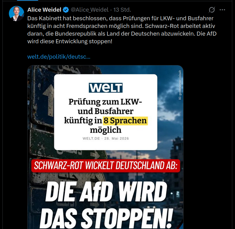 NikithebIocker's tweet photo. Die AFD hat beschlossen, dass ihr Wahlprogramm künftig in Russisch, Fremdsprachen auf Ihrer Seite lesbar ist.
Die AFD arbeitet aktiv daran, die Bundesrepublik als Land der Deutschen abzuwickeln.
Die AfD wird diese Entwicklung vorantreiben!

Frei nach @Alice_Weidel "Na sdorowje" https://t.co/Q2bN84nO4W