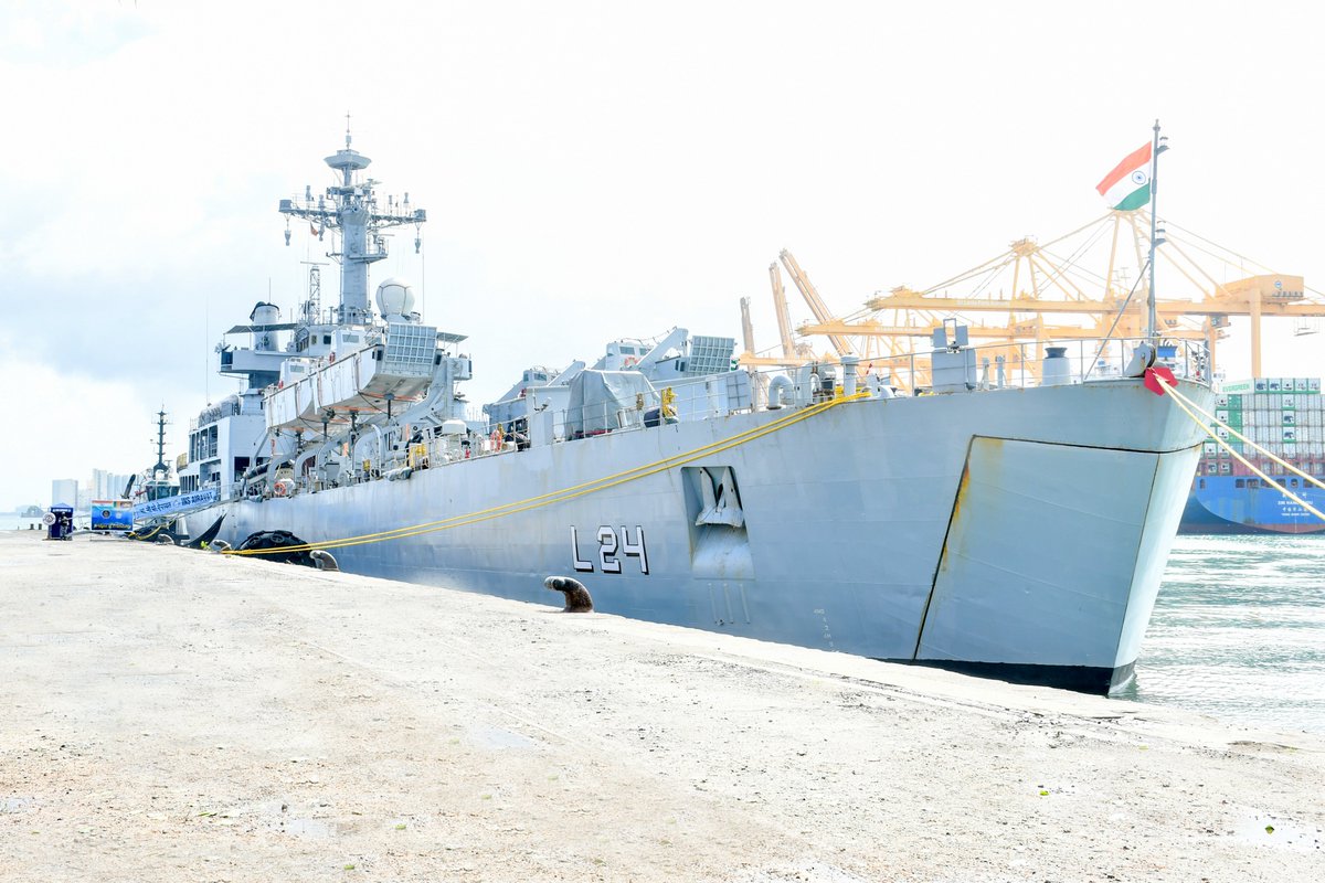 sidhant's tweet photo. Indian naval ship INS Airavat left Colombo after a three-day stop, handing over spares to Sri Lanka Navy &amp; embarking remnants of ISRO’s GSLV Mk 3 rocket that washed ashore on the island’s east coast. https://t.co/wXjotwghuD