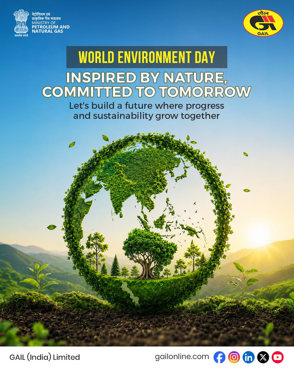 gailindia's tweet photo. Nature is not just where we live. It is what keeps us alive.

This World Environment Day, let's reaffirm our commitment to a greener, cleaner, and more sustainable future. Every conscious choice we make today helps protect the planet and preserve its resources for generations to come.

Together, let's nurture a future where progress and nature grow hand in hand.

@HardeepSPuri 
@TheSureshGopi 
@neerajmittalias 
@PetroleumMin 
@CMD_GAIL