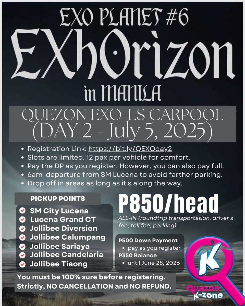 QuezonKzone's tweet photo. QUEXON EXO-Ls, let’s ride together to EXO PLANET #6 “EXhOrizon” in Manila! 🚗✨

📍 Pick-up points from Lucena to Tiaong
⏰ 6AM departure
Register your slot now before it’s gone!
Day 1: https://t.co/RIJOLJPezw
Day 2: https://t.co/XHgGbWXAtA

#EXOinManila #EXOLCarpool #EXhOrizonPH https://t.co/FpDDd5lUhJ