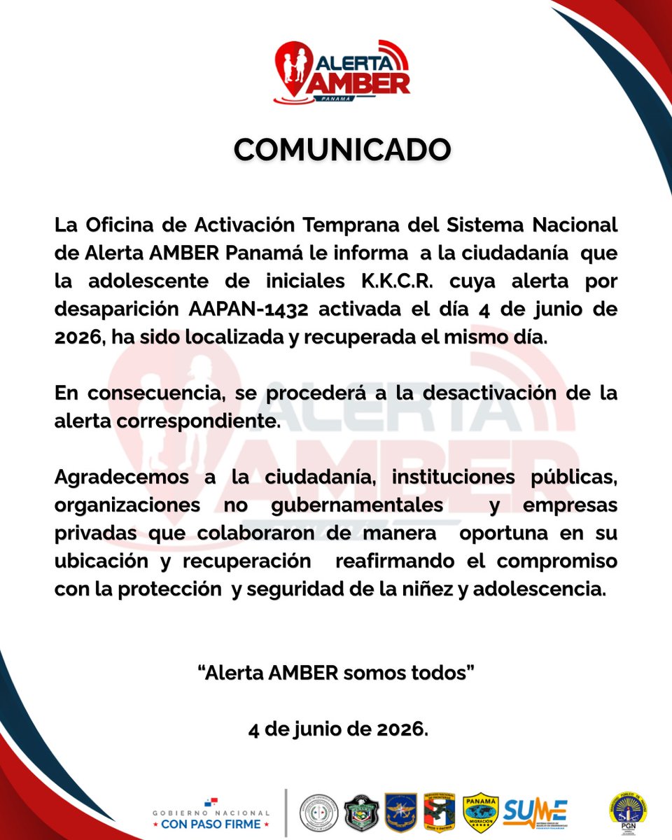 AlertaAmberPma's tweet photo. Informamos sobre la localización y recuperación de la adolescente cuya Alerta AMBER fue activada. Esta publicación se realiza conforme a la normativa vigente, resguardando la identidad del menor y garantizando su derecho a la privacidad.
#AlertaAmberSomosTodos. https://t.co/WwSA9uD1W0