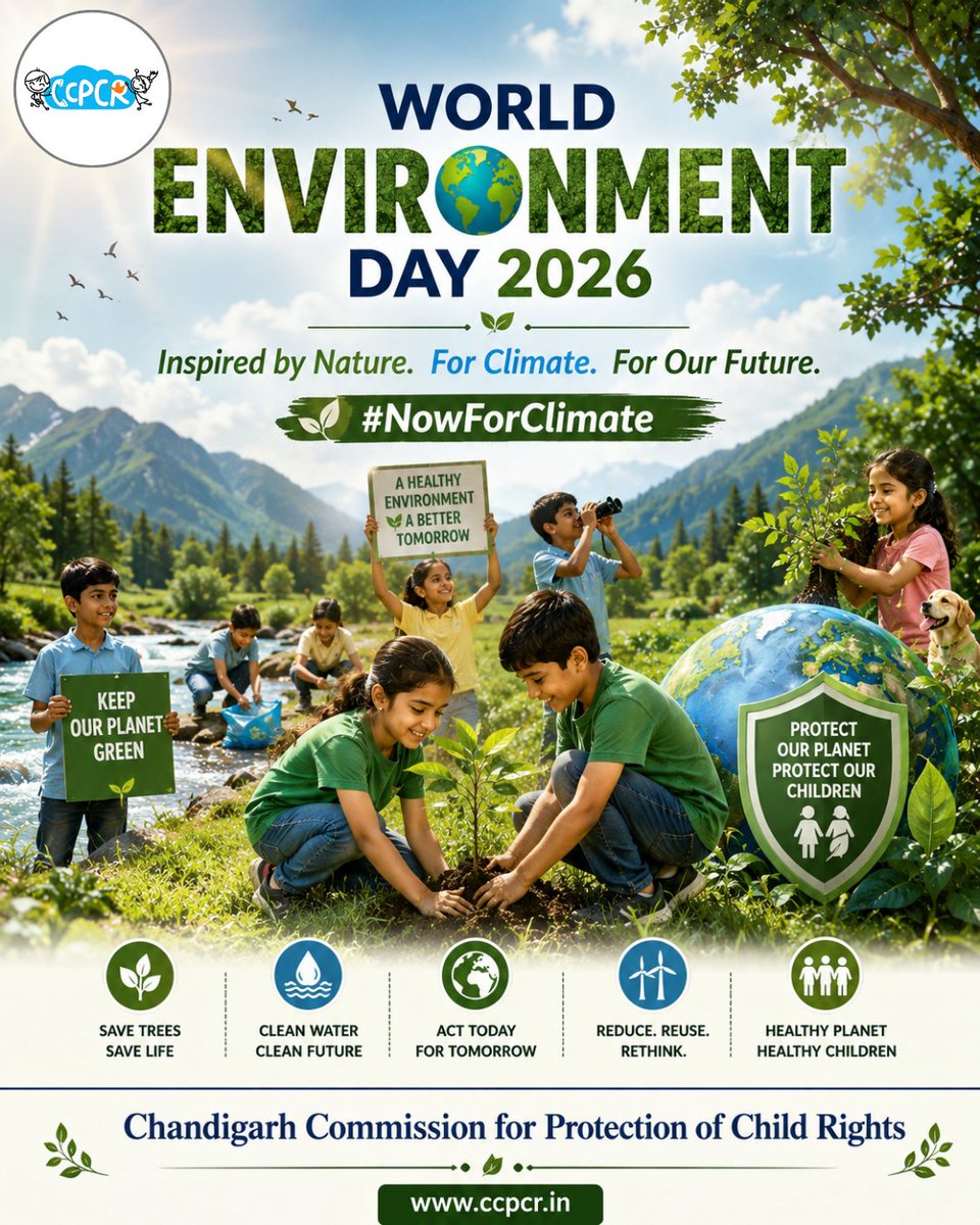 ccpcrofficial's tweet photo. 🌍 World Environment Day 2026 | June 5

Every small action today can protect our planet and secure a healthier future for children tomorrow. 🌱💚

Let’s plant trees, conserve water, reduce waste, and inspire the next generation to care for nature. Together, we can build a cleaner, greener, and safer world.

🌐 https://t.co/DnA1NFey5M

@pmooffice8 @narendramodi @hmoindia @MoHFW_INDIA @Gulab_kataria @ministrywcd @eduminofindia @ncpcr_ @IShiprabansal @chandigarh_admn

#WorldEnvironmentDay #WorldEnvironmentDay2026 #June5 #NowForClimate #ClimateAction #SaveEnvironment #ProtectOurPlanet #CCPCR #GoGreen #SustainableFuture