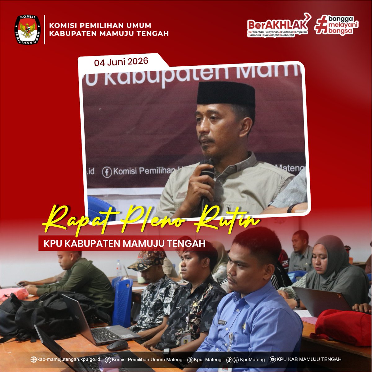 KpuMateng's tweet photo. #temanpemilih KPU Kab. Mamuju Tengah melaksanakan Rapat Pleno Rutin pada 4 Juni 2026 di Aula KPU Kab. Mamuju Tengah sebagai forum evaluasi terhadap progres kerja yang telah dicapai serta penyusunan langkah strategis untuk pelaksanaan program dan kegiatan ke depan.
#kpumelayani https://t.co/U5zsdITcKQ