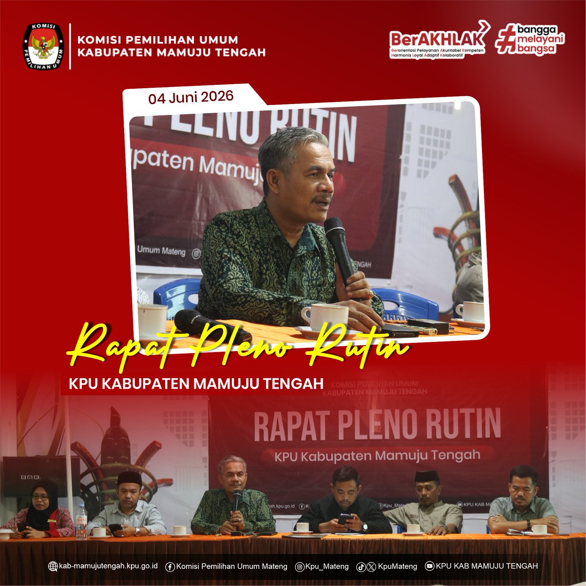 KpuMateng's tweet photo. #temanpemilih KPU Kab. Mamuju Tengah melaksanakan Rapat Pleno Rutin pada 4 Juni 2026 di Aula KPU Kab. Mamuju Tengah sebagai forum evaluasi terhadap progres kerja yang telah dicapai serta penyusunan langkah strategis untuk pelaksanaan program dan kegiatan ke depan.
#kpumelayani https://t.co/U5zsdITcKQ