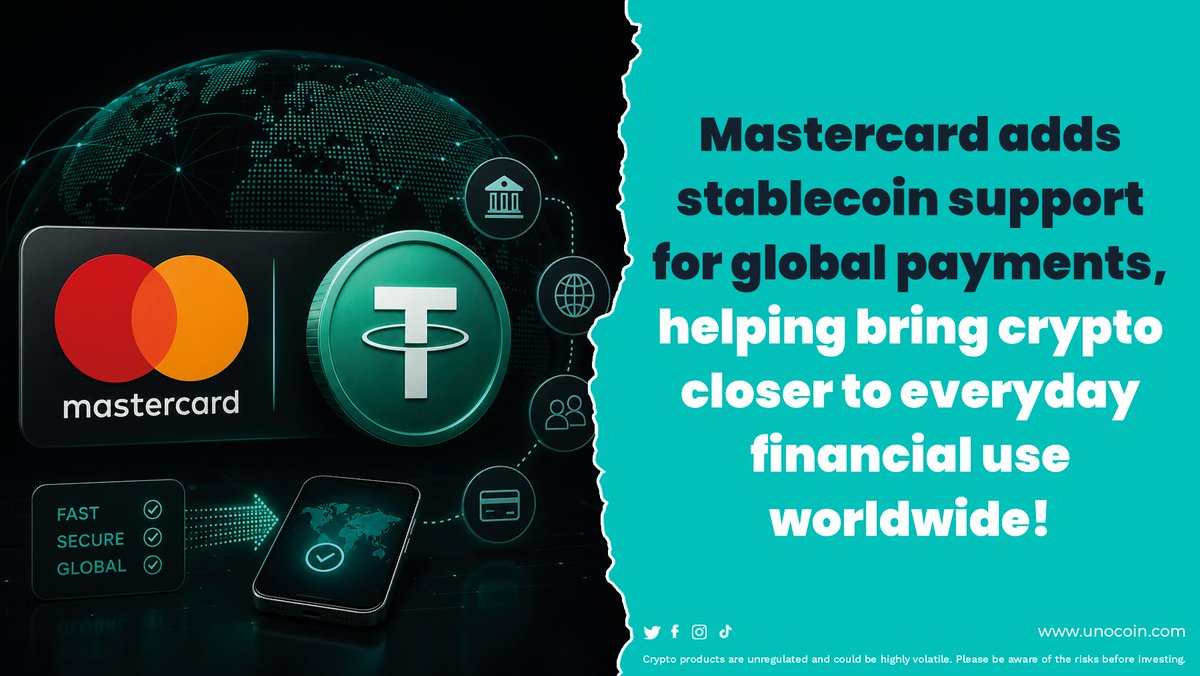 Unocoin's tweet photo. A few years ago, stablecoins were mainly used by crypto traders.

Today, Mastercard is using them for settlement.

Mastercard plans to support regulated stablecoin settlements across 8 blockchain networks, helping financial institutions process transactions even on weekends and holidays.

This is what mainstream adoption looks like:
🌐 Real utility
🌐 Institutional participation
🌐 Global payment integration

The bridge between traditional finance and blockchain keeps getting stronger.

#Stablecoins #Mastercard #Crypto #Blockchain #Fintech