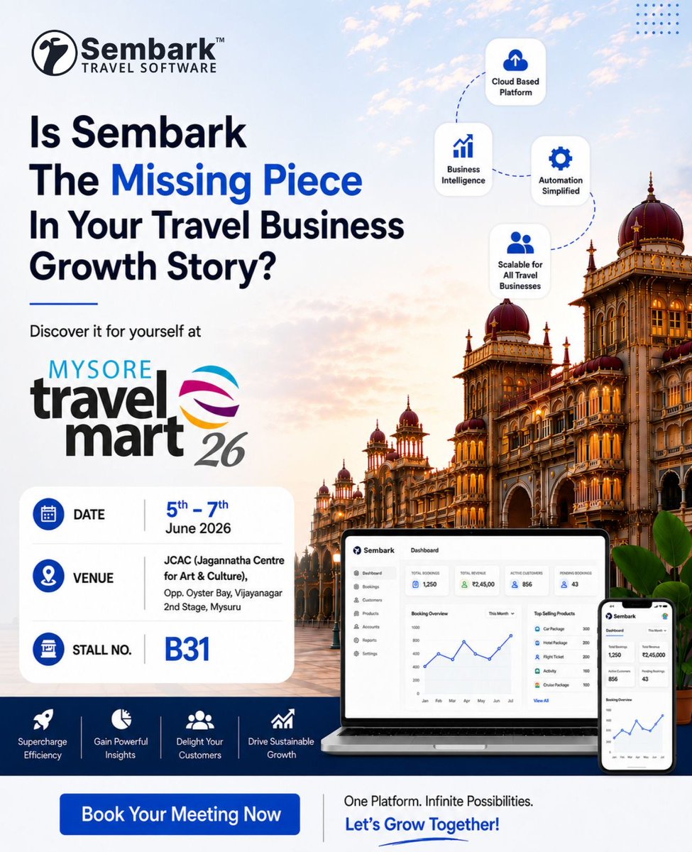 SembarkTech's tweet photo. Discover how Sembark helps travel businesses streamline operations, strengthen customer relationships, &amp; unlock growth. 
Join us at Mysore Travel Mart 2026 Stall B31.

Book Your Demo:  https://t.co/CTHfJUMyfz

#mysoretravelmart #MTM2026 #mysoretravel #TravelTrade https://t.co/LrnpuBHD2u