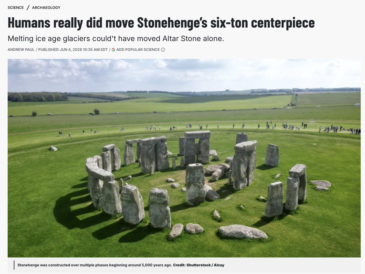 Megalithic12000's tweet photo. A new study just tried to give Stonehenge's Altar Stone a natural ride from Scotland, and the glacier still could not finish the journey.

Geology traced the 6 ton stone to the far north of Scotland, around 435 miles from where it lies, and how it travelled has been tearing at researchers ever since.

🔹6 tons of sandstone
🔹Matched to the Orcadian Basin
🔹A journey of around 435 miles south
🔹No glacial pathway found into southern England
🔹Ice could only take it as far as the drowned North Sea

That distance is further than London to Edinburgh, every step of it overland or by water, unless the new model is right and ice did part of the work.

And the thing most people miss is that even the glacier's best case strands the stone at Dogger Bank, under what is now open sea, leaving humans to haul it hundreds of miles anyway.

Every route on the table ends with 6 tons in human hands.

So which do you find harder to believe, the glacier or the haul?