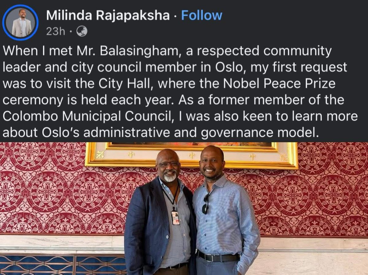 PasinduSenanay7's tweet photo. The same crowd shouting “LTTE is coming back” every May is perfectly comfortable meeting LTTE activists abroad when it benefits them

Milinda Rajapaksa with Bhaskaran in Oslo.
This is what we always said, LTTE and Rajapaksa compliment each other!
Do you need a coffee? @milindarj https://t.co/66tp3YwDcO